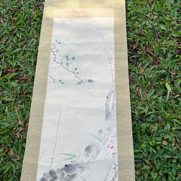 Antique Hanging Scroll Cherry Blossoms Flower Bamboo Leaves Painting Japan - Picture 3 of 11